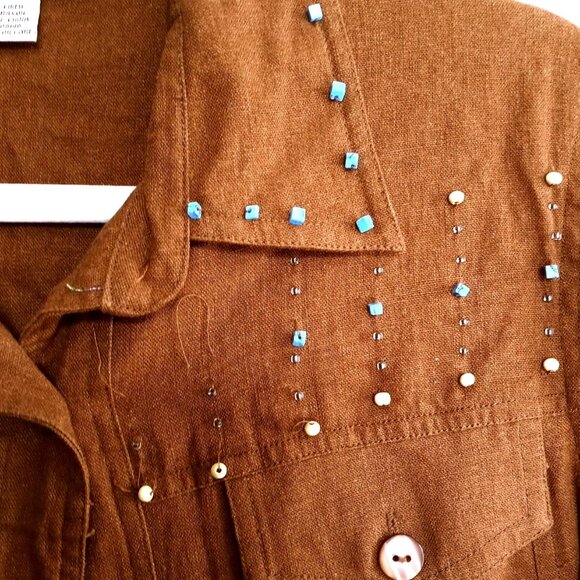 Button Up Brown Blouse Top Beads Size Large Linen Blend Short Sleeve - Picture 5 of 7